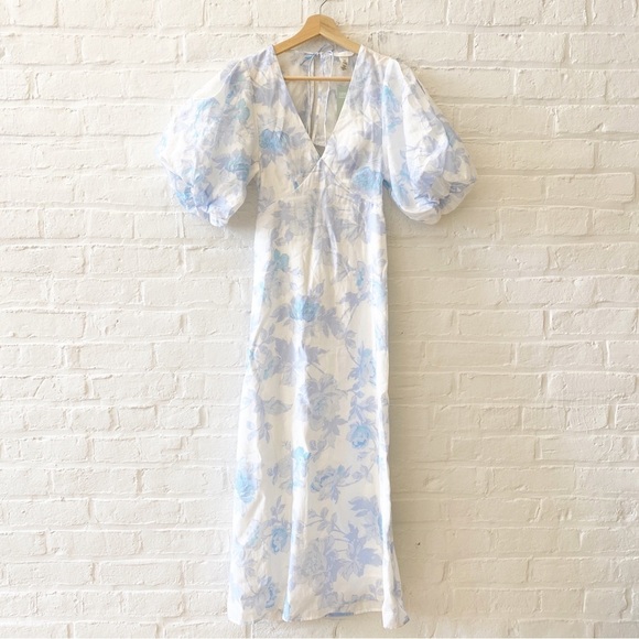 H&M || Puff Sleeve Plunge Open Back Dress Floral Blue White XS NWT - Picture 2 of 11